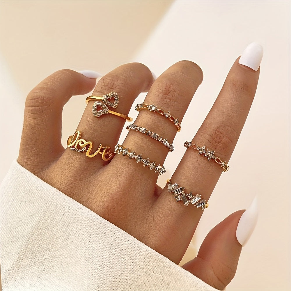 7-Piece Retro Bohemian Crystal Pearl Butterfly Golden Ring Set for Women - Vintage-Inspired Jewelry Collection with Butterfly-Shaped Accents, Pearl Embellishments, and Golden Plating - Perfect for Everyday Wear, Gift-Giving,